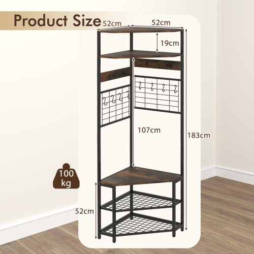 Casart Corner Hall Tree Hallway 5-Tier Coat Rack w/Shoe Storage Bench-Coffee 1