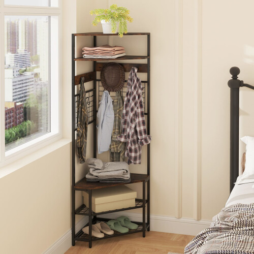 Casart Corner Hall Tree Hallway 5-Tier Coat Rack w/Shoe Storage Bench-Coffee 2