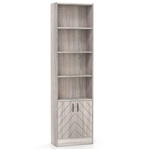 Casart 6-Tier Bookshelf 180cm Tall Bookcase w/4 Open Cubes & Double Doors Grey
