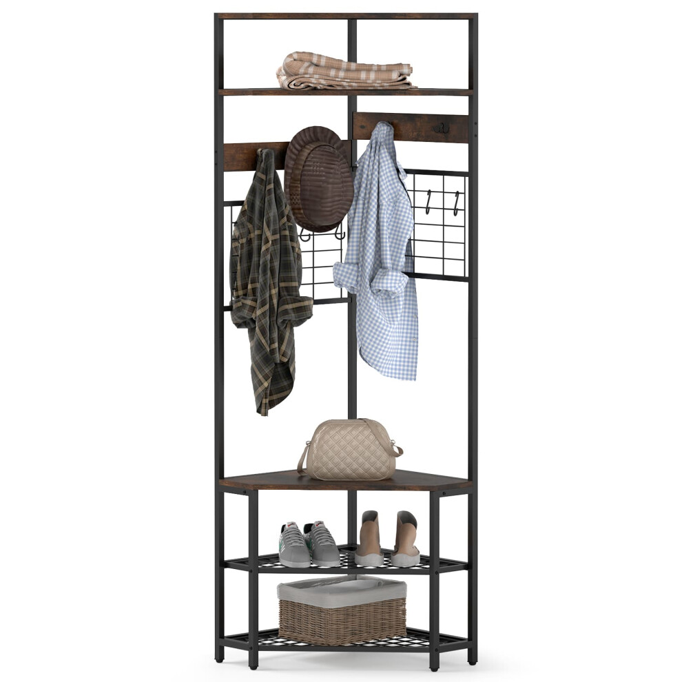 Casart Corner Hall Tree Hallway 5-Tier Coat Rack W/Shoe Storage Bench-Coffee