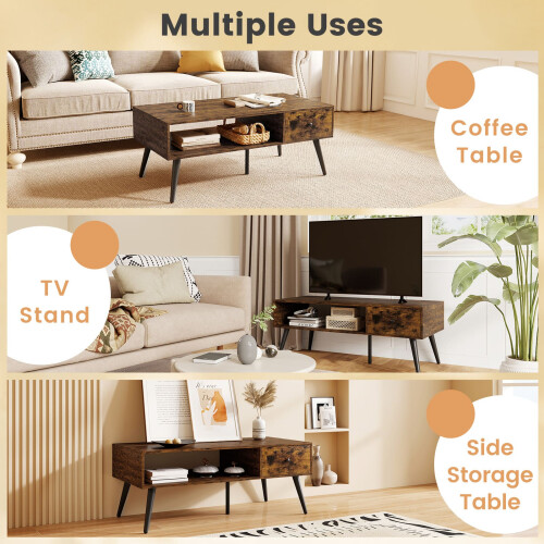 Casart 109 CM Rectangular Wooden TV Stand Entertainment Center w/Open Shelf Rustic Brown 1