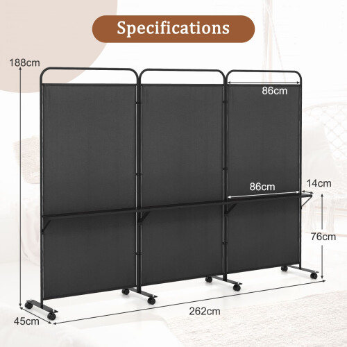 Casart 3-Panel Folding Room Divider 188cm Rolling Privacy Screen-Black 1