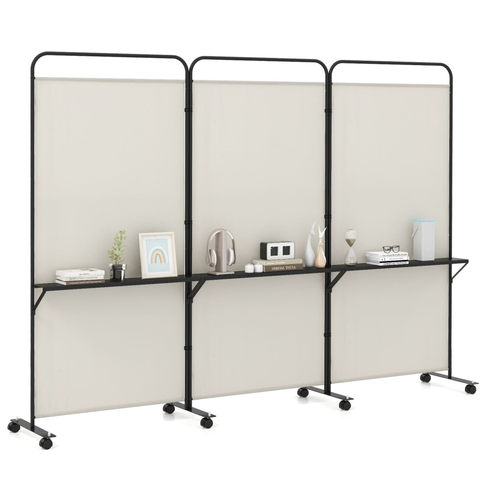 3-Panel Folding Room Divider 188cm Rolling Privacy Screen-White