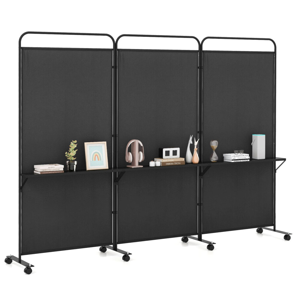 3-Panel Folding Room Divider 188cm Rolling Privacy Screen-Black
