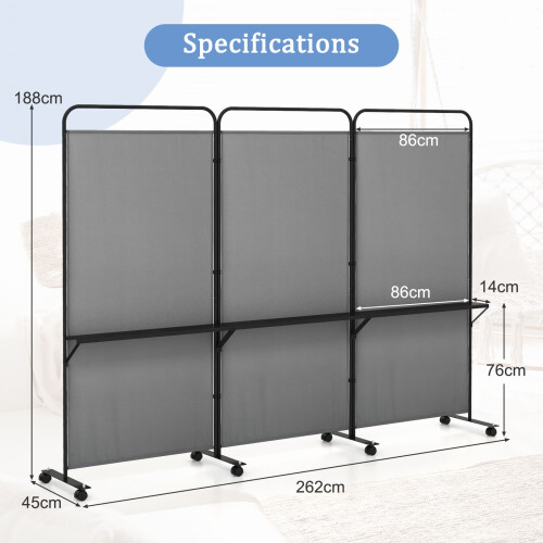 Casart 3-Panel Folding Room Divider 188cm Rolling Privacy Screen-Grey 1