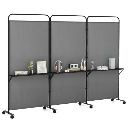 Casart 3-Panel Folding Room Divider 188cm Rolling Privacy Screen-Grey
