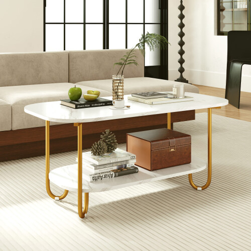 Casart Faux Marble Top Coffee Table Office Modern 2-tier Tea Table-White 2