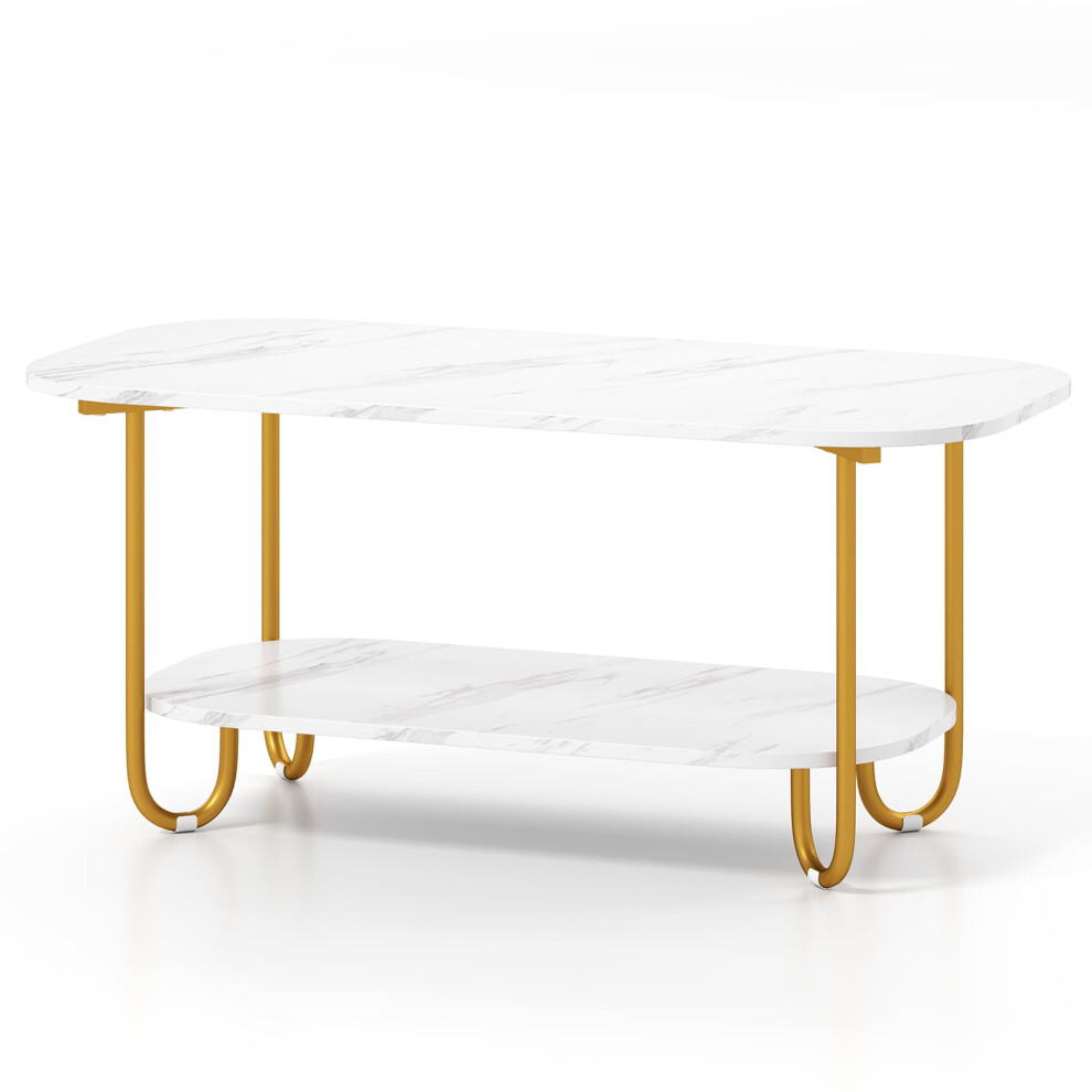 Casart Faux Marble Top Coffee Table Office Modern 2-Tier Tea Table-White