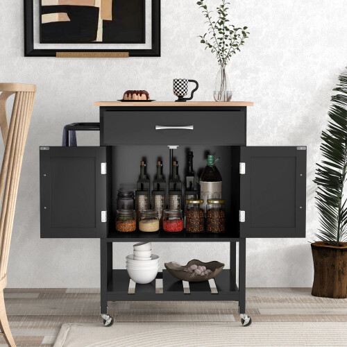 Casart Rolling Kitchen Island Cart Mobile Serving Cart with Drawer-Black 2