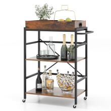 Kitchen 3-Tier Bar Cart Industrial Serving Cart w/Detachable Tray