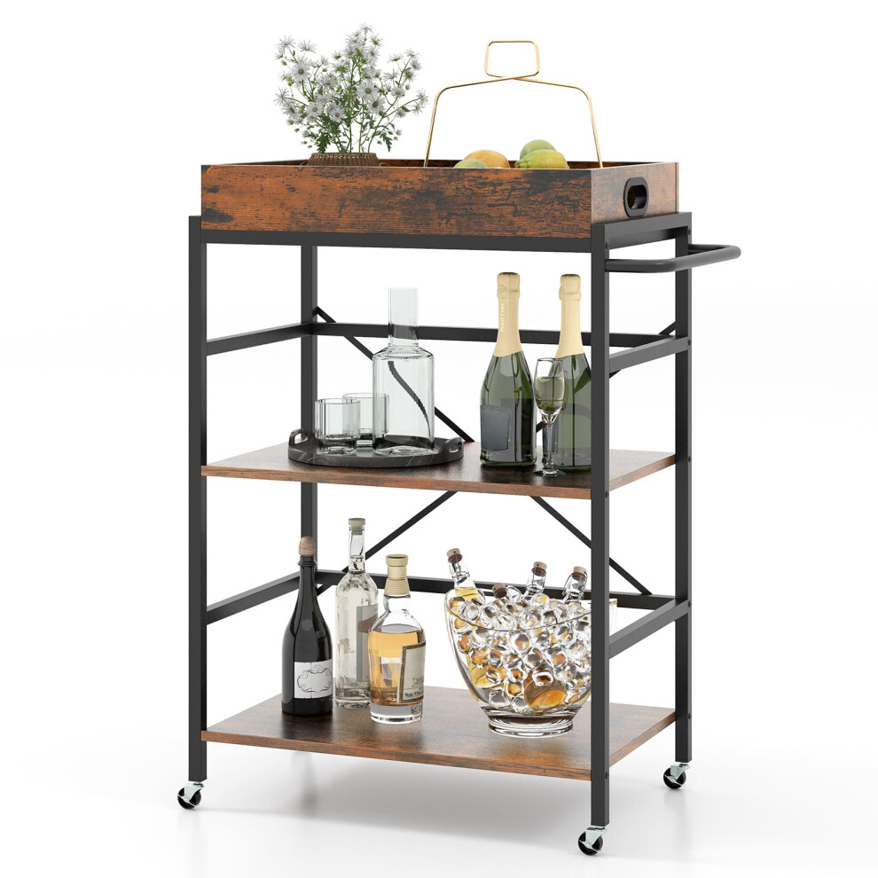 Kitchen 3-Tier Bar Cart Industrial Serving Cart w/Detachable Tray
