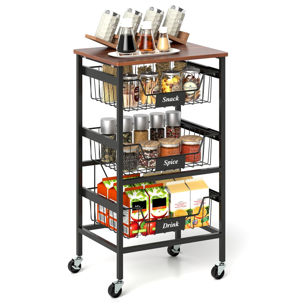 4-Tier Kitchen Storage Cart Mobile Utility Cart w/Wooden Top-Black