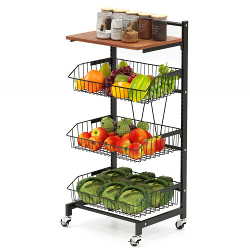 Casart Kitchen Storage Cart on Wheels Fruit and Vegetable Storage Cart-Black