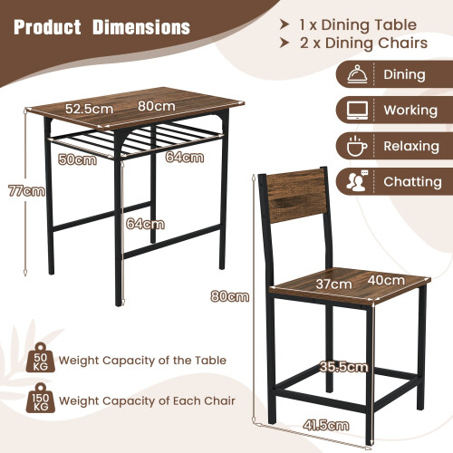 Casart Dining Table Set for 2 3-Piece Wood Rectangular Table & Chair Set w/ Metal Frame Coffee 1