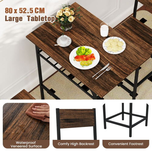 Casart Dining Table Set for 2 3-Piece Wood Rectangular Table & Chair Set w/ Metal Frame Coffee 2