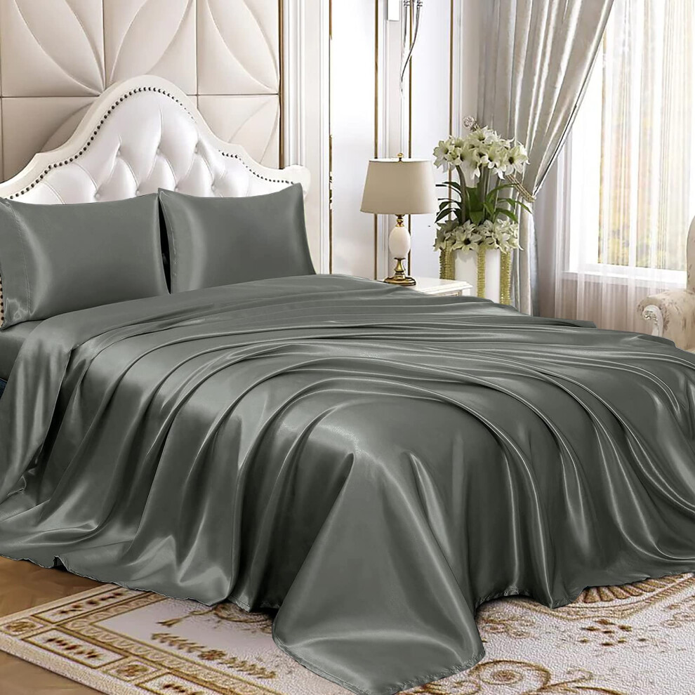 Parure de lit 4 pi   ces en satin Homiest, luxueuse parure de lit en satin soyeux avec poche profonde   : 1 drap-housse, 1 drap plat et 2 taies d'ore
