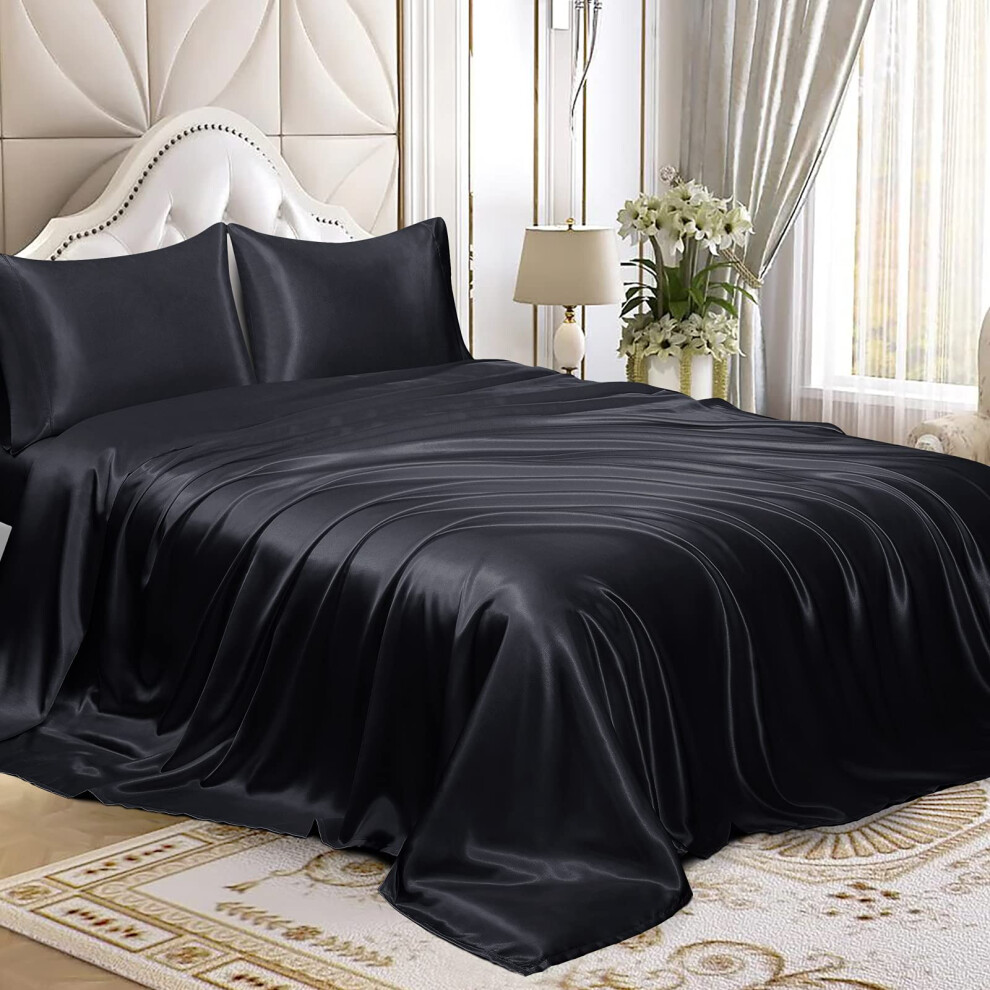 Parure de lit 4 pi   ces en satin Homiest, luxueuse parure de lit en satin soyeux avec poche profonde   : 1 drap-housse, 1 drap plat et 2 taies d'ore