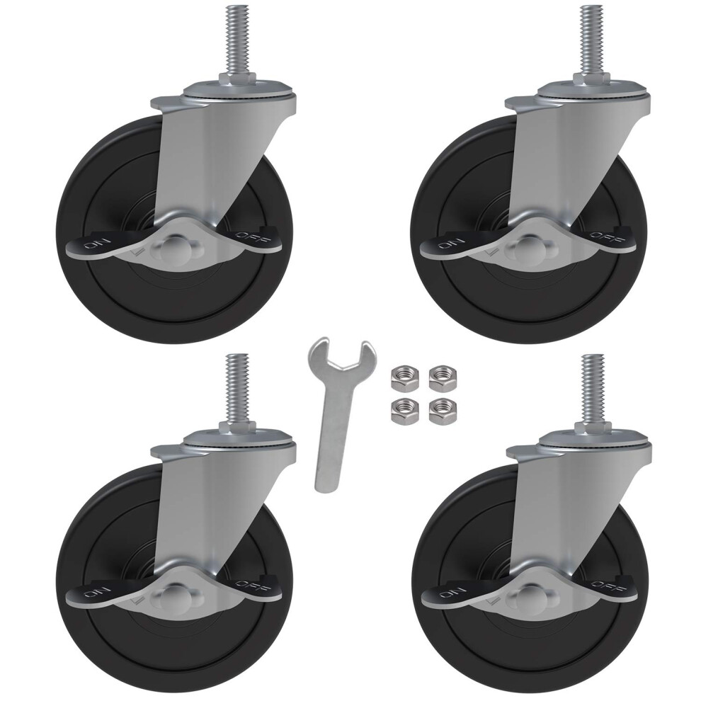 4X 4 Inch Brake Threaded Stem Casters 3/8-16X1 Swivel Rubber Caster Wheels With Nuts Lock Industrial Replacement For Carts Workbench Trolley 7684452272784