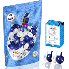 Trä Dreidel 100 Solid Blå & Vit Hanukkah Dreidels Handmålade med Engelsk Transliteration - Inkluderar x3 Spelinstruktionskort! (100-Pack