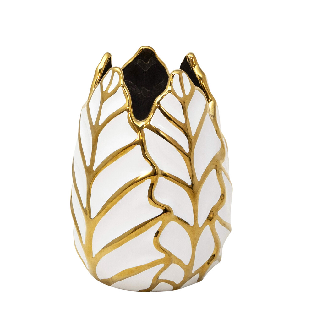 Sagebrook Home Glam Vase d   coratif en c   ramique en forme de feuille pour d   coration de chambre et de bureau Blanc et or 6 L x 6 l x 8 H pouces