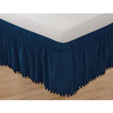 Elegant Comfort Top-Knot Tassel Pompom Frill Sängkjol Elastisk 16 tum Drop, Queen/King, Marinblå