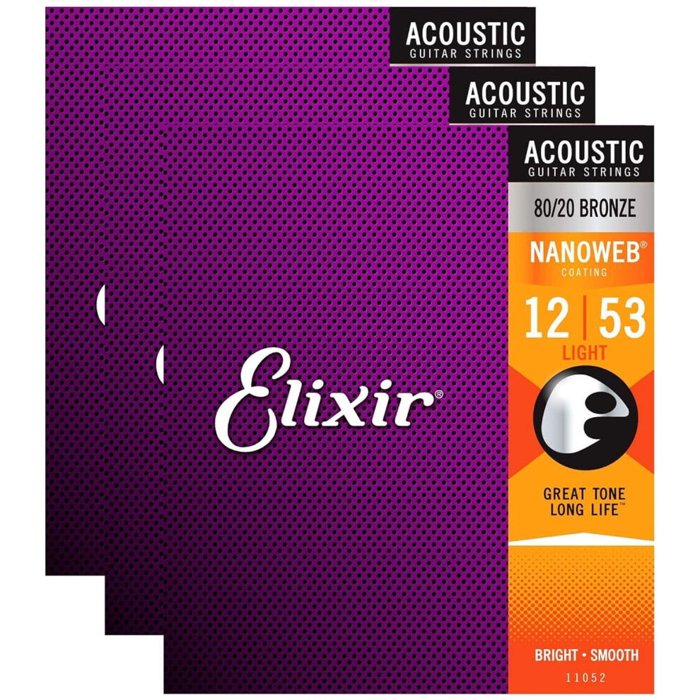 Elixir 11052 Acoustic 80/20 Nano Light 12-53 3 Pack Bundle