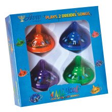 Aviv Judaica Musikalisches, leuchtendes Dreidel-Set     Chanukka-Kreisel     Spielt 2 klassische Chanukka-Lieder     Verschiedene Farben, 4er-Pack