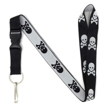 Skull and Crossbones Lonyard Keynchain and ID Holder avec boucle detachable pour les cles ou badge - Longe tissee en noir et blanc durable - Coll