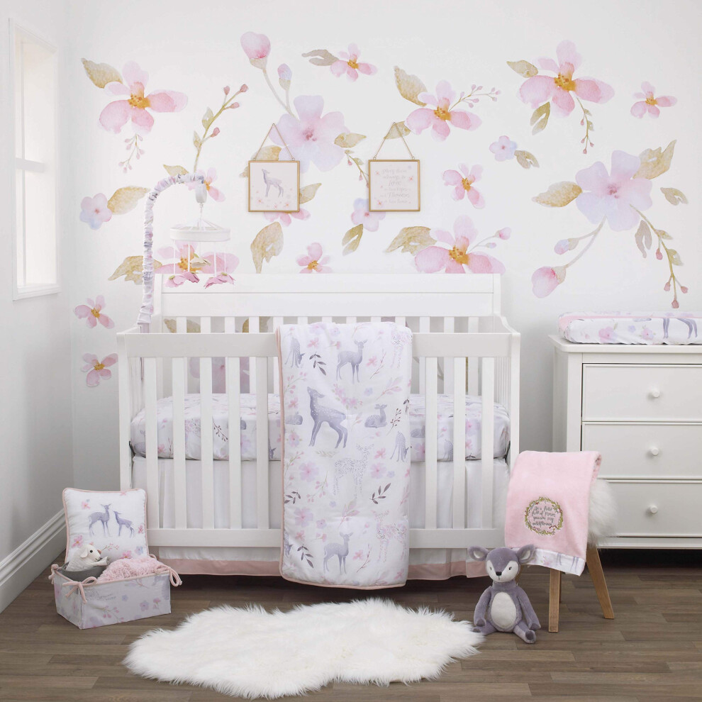 Parure de lit 4 pi   ces NoJo Watercolor Deer pour berceau, rose/gris/blanc/bleu