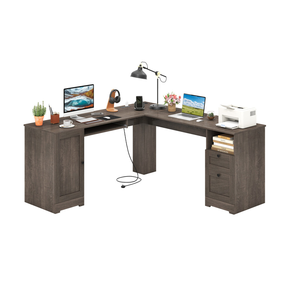 168 CM L-shaped Office Desk With Power Outlets 2 Drawers Keyboard Tray