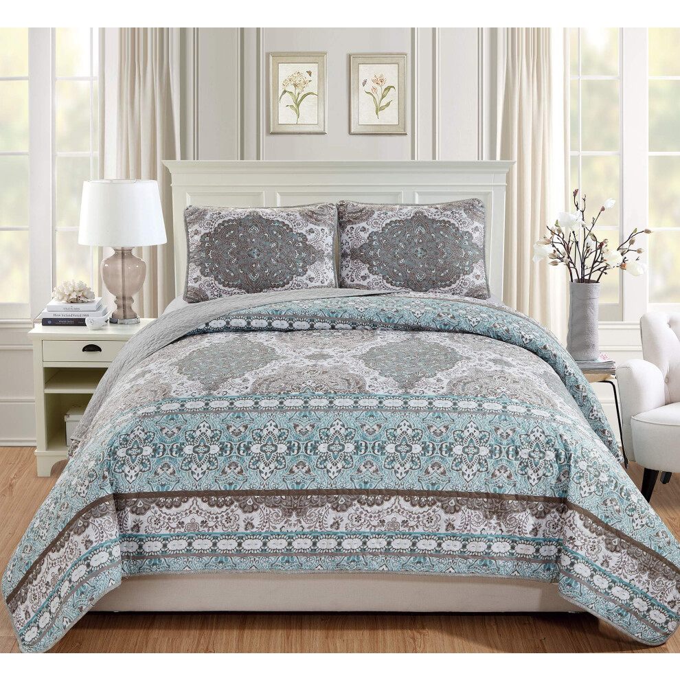 Parure de lit matelass   e 3 pi   ces en lin fantaisie (King size/California King marron bleu sarcelle floral)