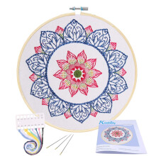 KISSBUTY Komplettes Stick-Starter-Set mit Muster, Kreuzstich-Set, inklusive Stickstoff mit Blumenmuster, Bambus-Stickrahmen C