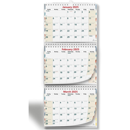 Calendário de Parede 3 Meses 2025 2026, StriveZen, 11 x 26 Polegadas, Vertical, Com Fio