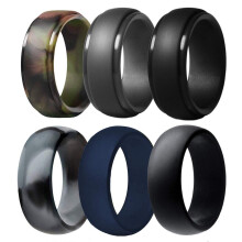 Silicone Wedding Ring for Men 6 Pack Breathable Silicone Rubber Wedding Bands Thin Silicone Ring - 8.7 mm Wide Camo Blue Dark Grey Black Camo Blue