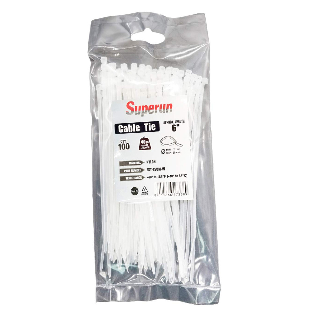 Superun Clear Zip Ties 6 Inch 40 Lbs Tensile Strength Wire Ties Industrial Grade Cable Ties Pack Of 100 White 8011666173689