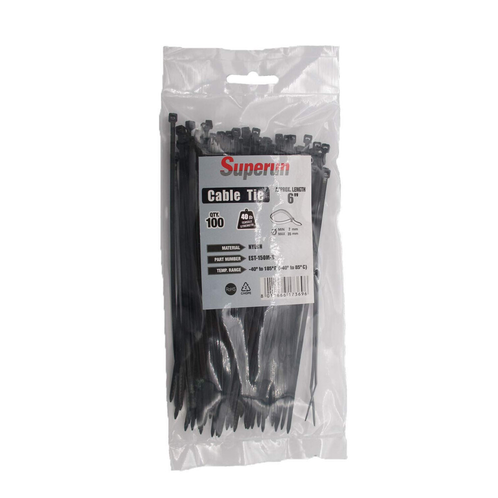 Superun Black Zip Ties 6 Inch 40 Lbs Tensile Strength Wire Ties Industrial Grade Cable Ties Pack Of 100 8011666173696