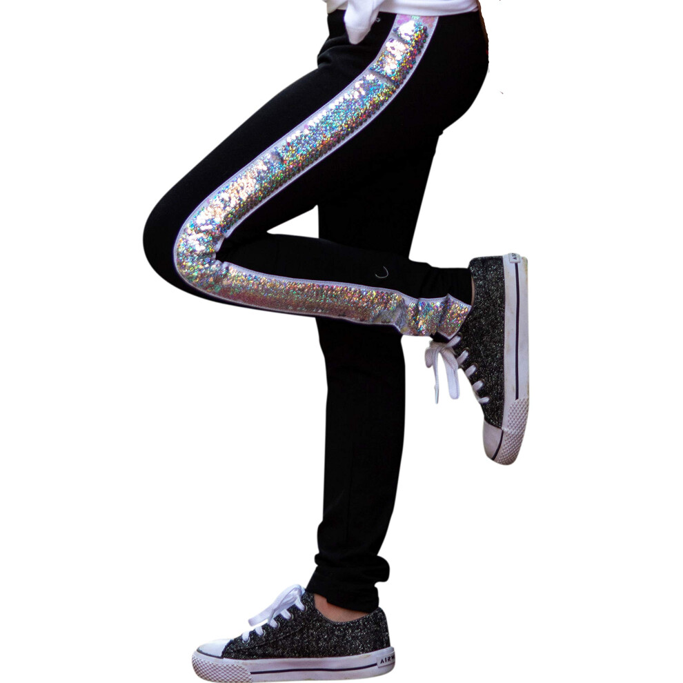 HH Family Flip Sequin Cotton Leggings for Girls Sparkle Pants 4-14 Years 14  Stripe Black Legging