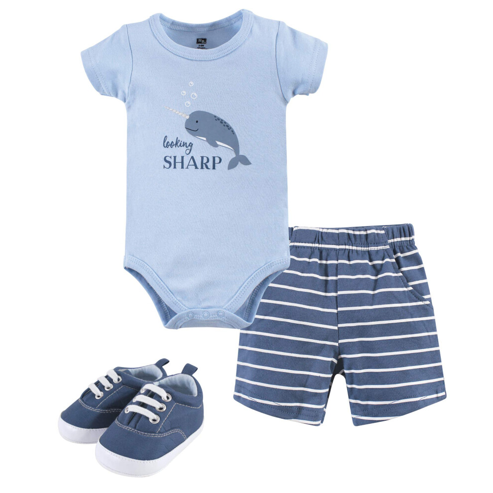 Hudson Baby Unisex Baby Cotton Bodysuit Shorts and Shoe Set Narwhal 3-6 Months
