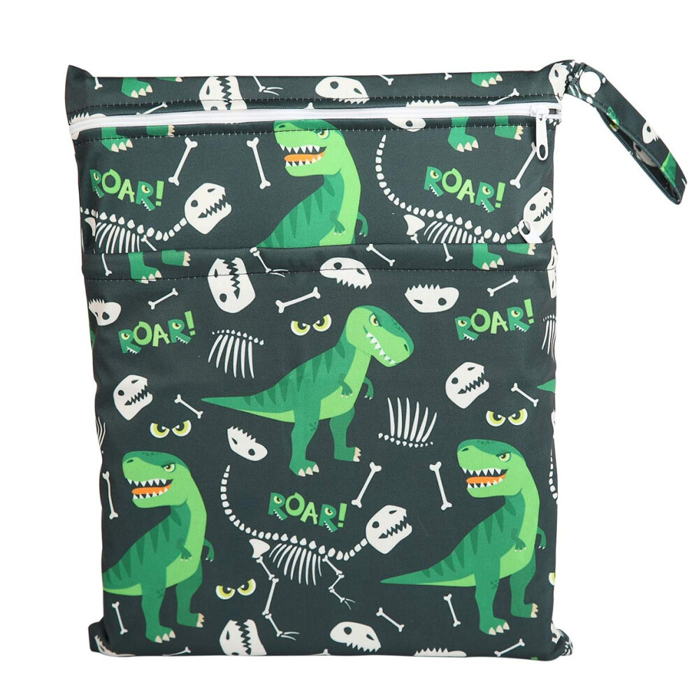 Wet Bag Baby Cloth Diaper Nappy Bag Reusable With Two Zippered Pockets Boys Dinosaur Green Sigzagor