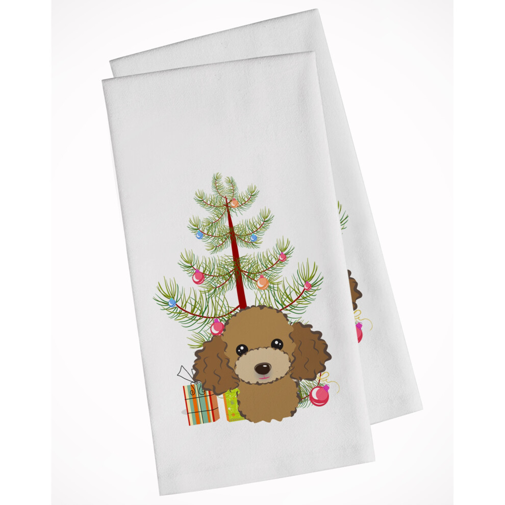 Lot de 2 torchons de cuisine blancs     motif sapin de No   l et caniche marron chocolat