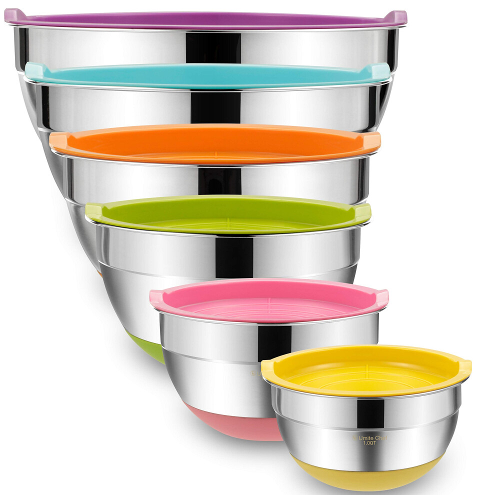 Umite Chef Mixing Bowls with Airtight Lids 6 Piece Stainless Steel Metal Bowls Measurement Marks & Colorful Non-Slip Bottoms Size 7 3.5 2.5 2.0 1