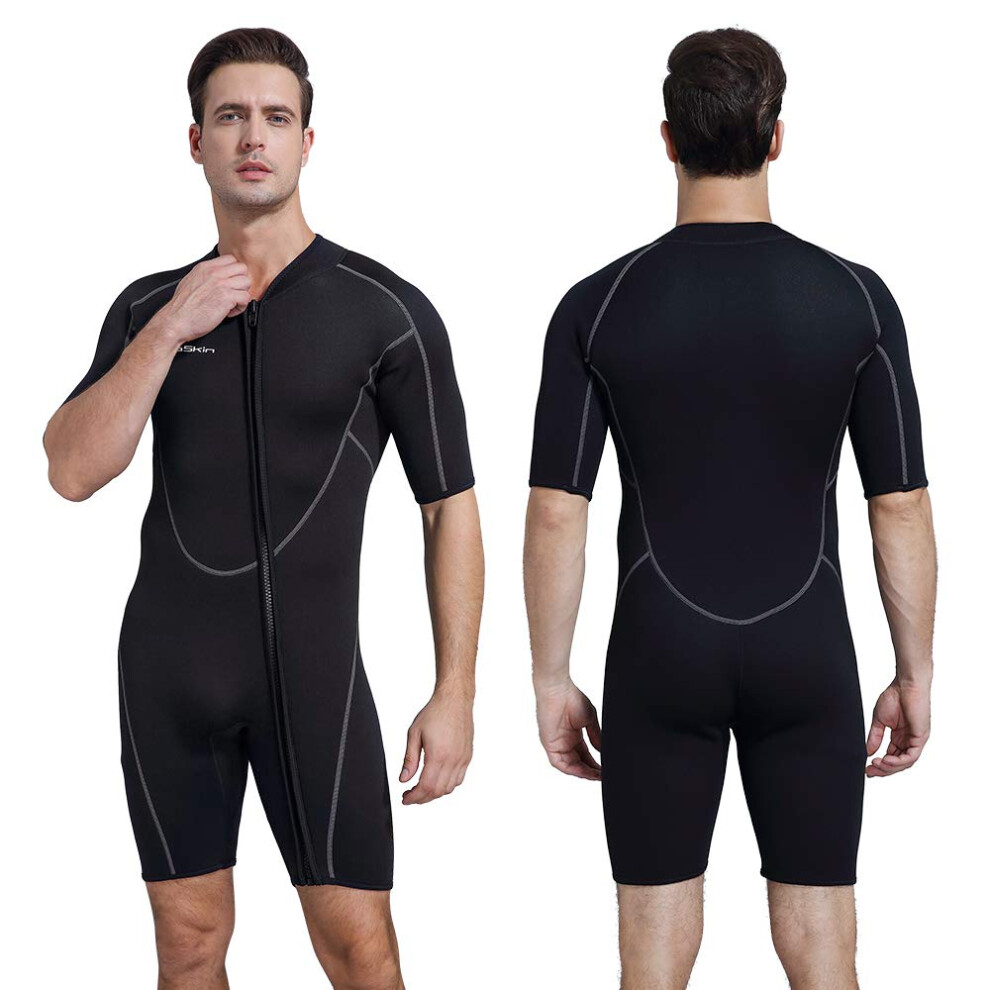 Mens 3mm Shorty Wetsuit Premium Neoprene Front Zip Short Sleeve Diving Wetsuit Snorkeling Surfing Shorty Wetsuit Black 2XL