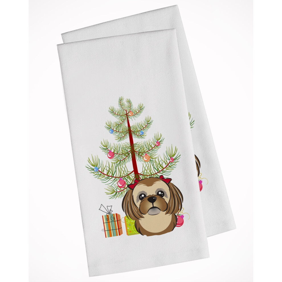 Lot de 2 torchons de cuisine blancs     motif sapin de No   l et Shih Tzu marron chocolat
