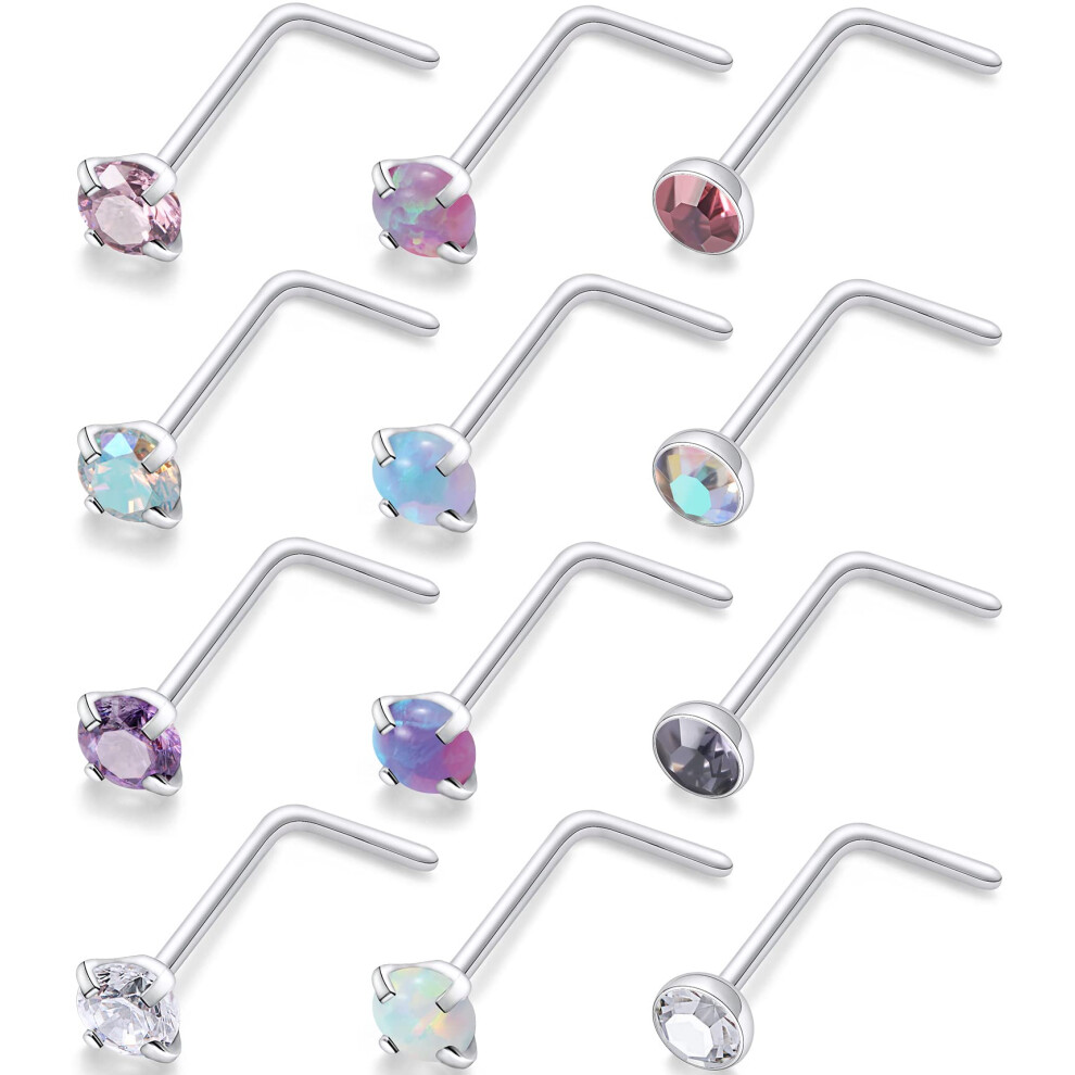 Kridzisw Nose Rings Studs for Women 18Gauge Stainless Surgical Steel Opal Silver Stud Nose Rings 18g L Shaped Bend Nose Nostril Body Piercing Jewelry-image-OPC-PFM7C7Q-NEW