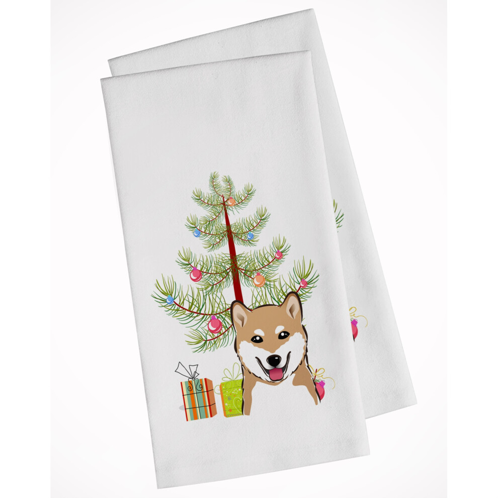 Lot de 2 torchons de cuisine blancs motif sapin de No   l et Shiba Inu