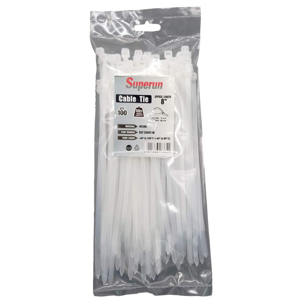 Superun Heavy Duty Zip Ties 8 Inch 50 Lbs Tensile Strength Selflocking Wire Ties Industrial Grade Cable Ties Pack Of 100 White 8011666173641