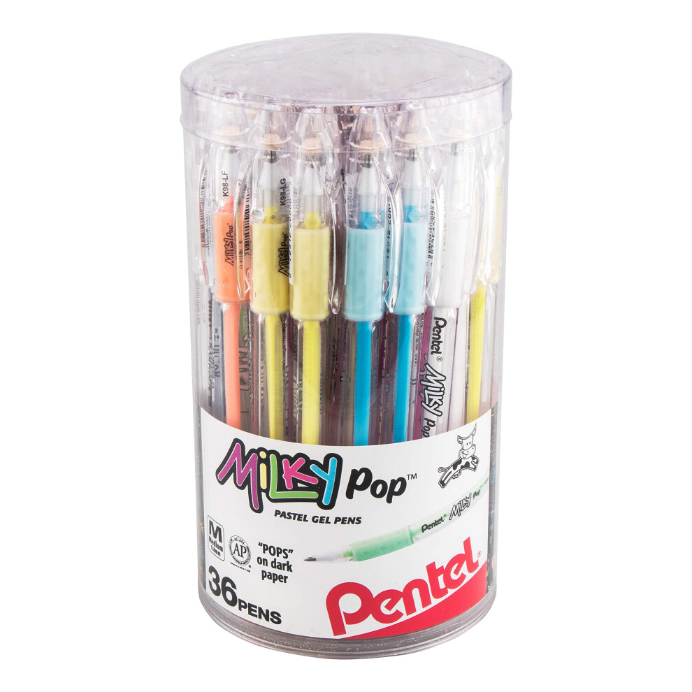 Pentel Milky POP Beauty Beauty Beauty Pastel Gel Pens  0.8mm Med. Lines  Assorted 6 Ink colors F/G/K/P/S/V/W  6 pens per color  36-PK Canister K98PC36