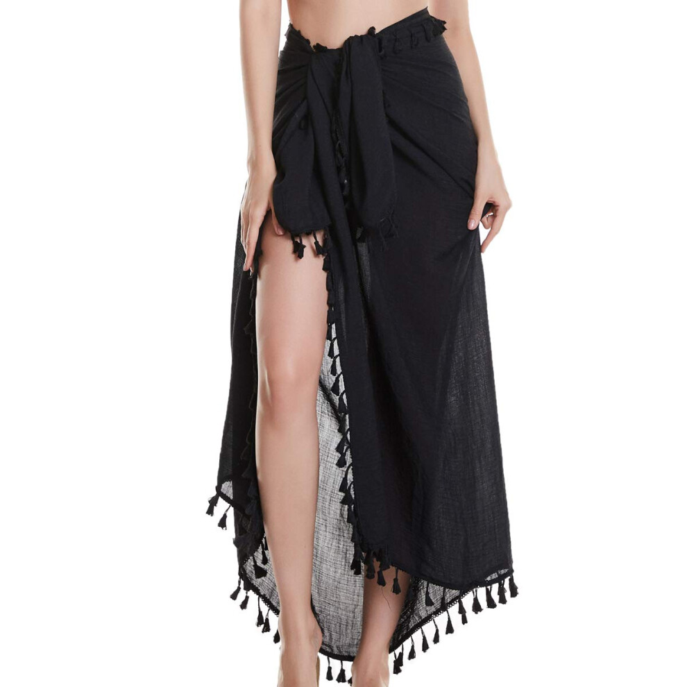 Eicolorte Hawaiian Beach Sarong Pareo Femme Bikini Cover Up Maillot de Bain Jupe Portefeuille Maillots de Bain Noir-Long