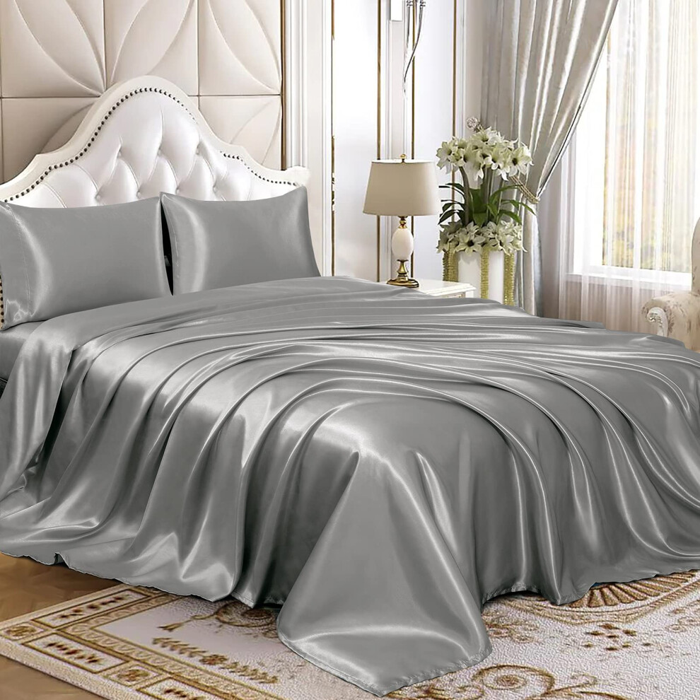 Parure de lit 4 pi   ces en satin Homiest, luxueuse parure de lit en satin soyeux avec poche profonde   : 1 drap-housse, 1 drap plat et 2 taies d'ore
