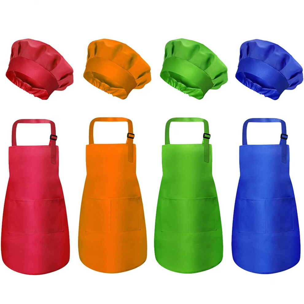 yarachel Kids Apron and Chef Hat Set - 8 Pieces Waterproof and Adjustable Child Aprons with 2 Pockets Kitchen Bib Aprons for Boys and Girls Kitchen Co